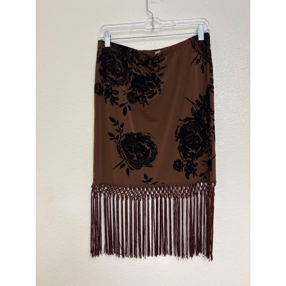 Cousin Earl Brown Black Floral Fringe Skirt Small Boho Western Midi Tassel Hem